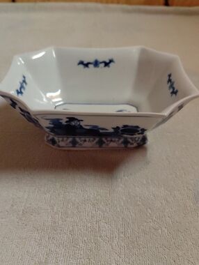 Vintage Octagonal Chinese Porcelain Bowl Featuring Hand Painted Scenes